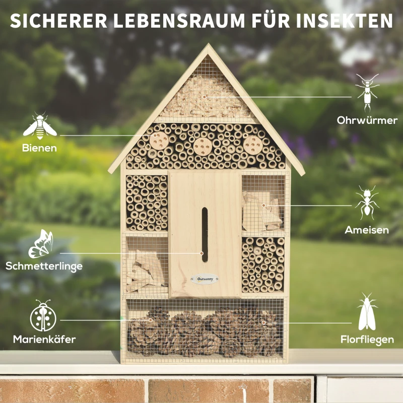 Outsunny Insektenhotel Insektenhaus mit 5 Etagen Metallgitter Bienenhotel aus natürlichen Materialien für Käfer Bienen Wespen und Schmetterlinge Kiefernholz Bambus Metall Naturholz 32 x 12,5 x 57 cm