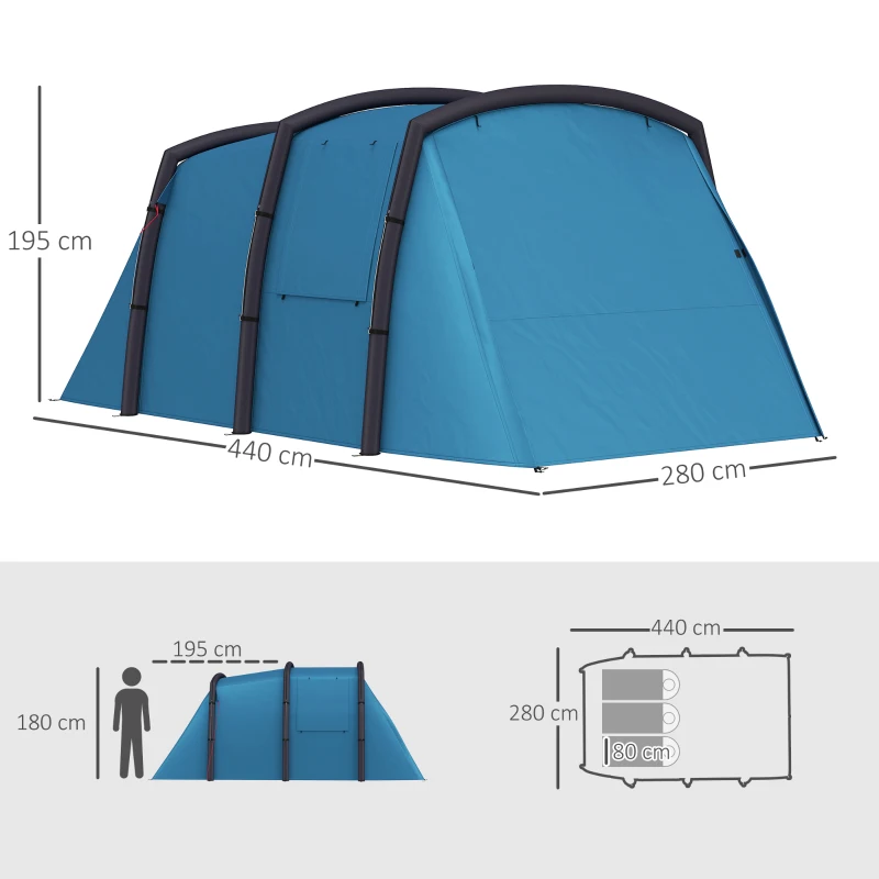 Outsunny Tenda de Campismo Inflável Familiar para 3-4 Pessoas Janelas de Malha e Bolsa de Transporte Proteção UV 50+ 440x280x195 cm Azul