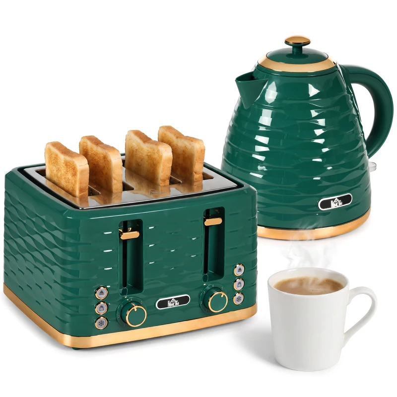 HOMCOM 2-in-1 waterkoker- en broodroosterset, 7 bruiningsstanden, ontdooi- en opwarmfunctie, groen
