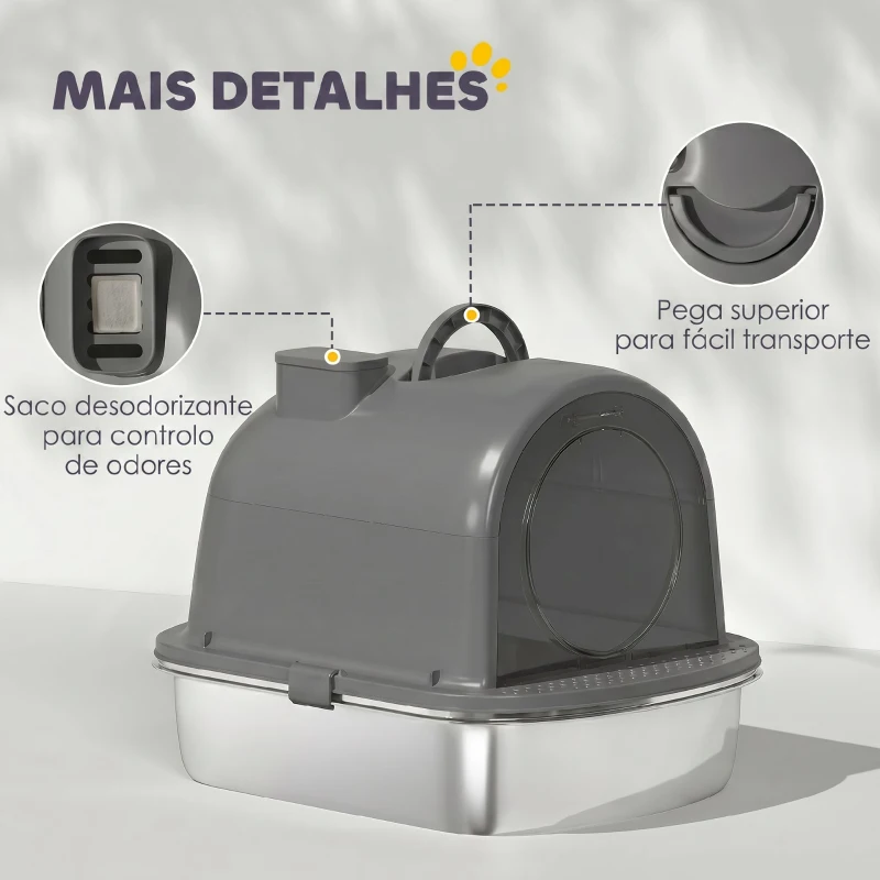 PawHut Caixa de Areia para Gatos em Aço Inoxidável com Tampa, Saco Desodorizante e Pá, Fácil de Limpar, 52,4x41,3x39,9 cm, Cinzento Escuro
