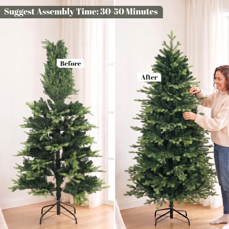 HOMCOM Geneva Fir Hinged Xmas Tree, 6ft/180cm Artificial Christmas Tree with 1610 Branch Tips, Foldable Steel Stand, Green