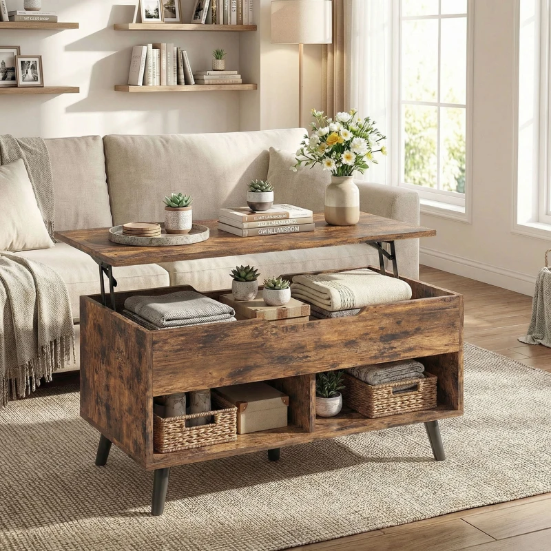 HOMCOM Lift Top Coffee Table with Hidden Storage Living Room Table Metal Legs 75 cm Rustic Brown