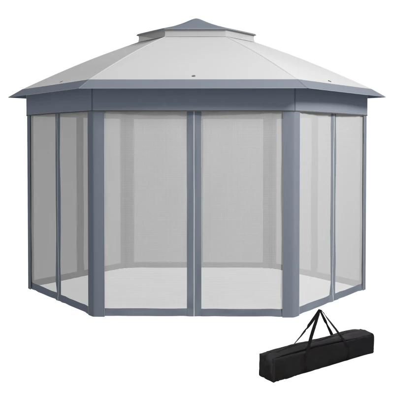 Outsunny Tenda Dobrável 4x3,4 m Tenda de Jardim Hexagonal com Duplo Tecto 6 Mosquiteiras Destacáveis e Saco de Transporte Cinzento