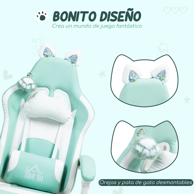 HOMCOM Silla Gamer Reclinable con Altura Ajustable Reposapiés Retráctil Soporte Lumbar y Reposacabezas Desmontable Verde Menta