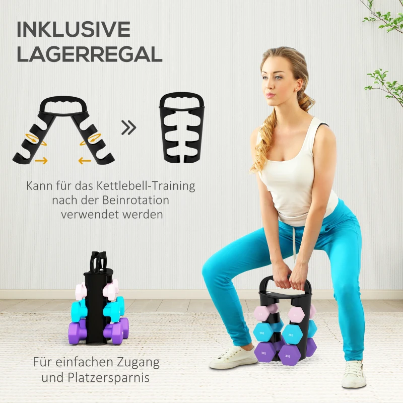 SPORTNOW Halterset met opbergrek, set met 6 halters voor fitnesstraining, 2 x 1 kg, 2 x 2 kg, 2 x 3 kg