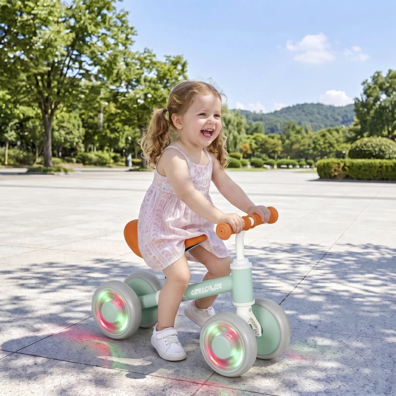 AIYAPLAY Baby Balance Bike for 1-2 Years Old, Light-up Toddler Balance Bike with Adjustable Seat, 4 Silent EVA Wheels, Green