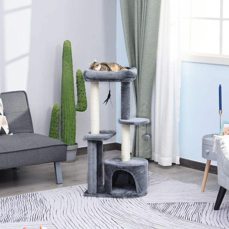 PawHut Albero Tiragraffi per Gatti Adulti su più Livelli, Castello per Gatti con Cuccia, Posatoio e 2 Ripiani, Bianco e Grigio, 48x35x100cm