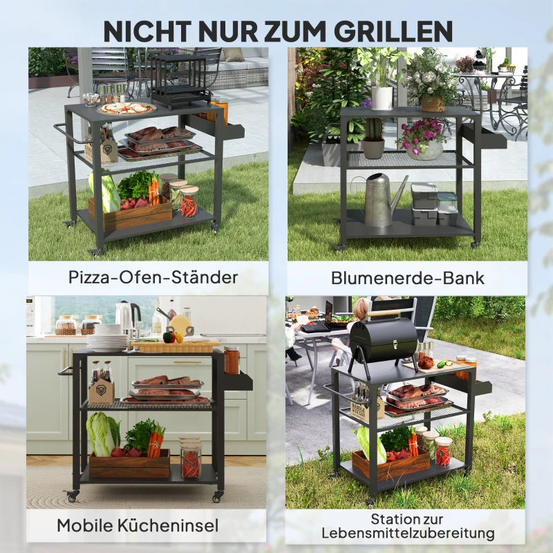 Outsunny Outdoor Keukeneiland, Grillwagen met Opbergrek, Handvat, 4 Wielen, Keukentrolley, Tuin, Terras, Metaal, Zwart