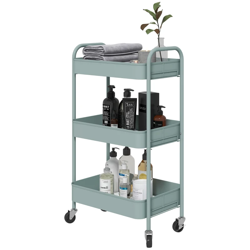 HOMCOM Multifunctionele Keukenkar, 3 Planken, 4 Wielen, 45 cm x 30,6 cm x 79 cm, Lichtblauw