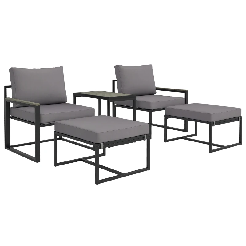 Outsunny Weerbestendige Stalen Tuinmeubelset voor 2 Personen Balkonset met 2 Stoelen, Zitkussens en Bijzettafel - Grijs