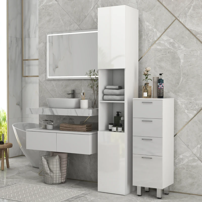 kleankin Meuble colonne de salle de bain 2 placards avec étagères réglables + 2 niches 30 x 30 x 181,5 cm blanc