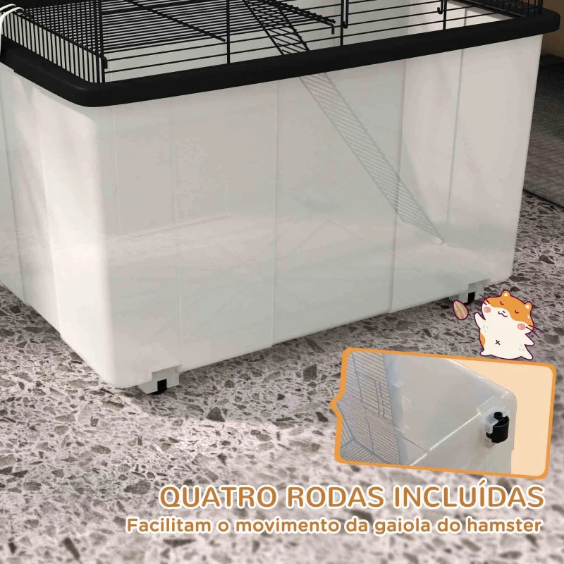 PawHut Gaiola para Hamsters Casa para Pequenos Roedores com Comedouro Bebedouro Rampa e Roda 57x43x57 cm Preto