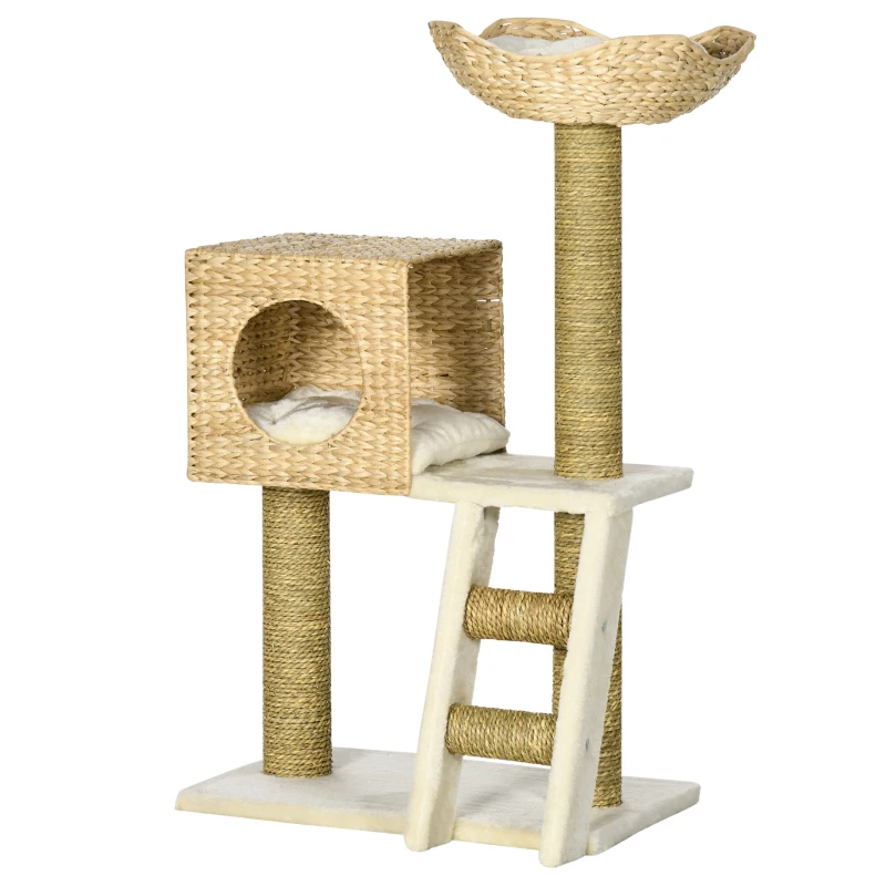 PawHut Krabpaal met Kattenhuis, Sisal Krabpalen, Wasbare Kussens, 100,5H x 57L x 37B cm, Wit/Natuur