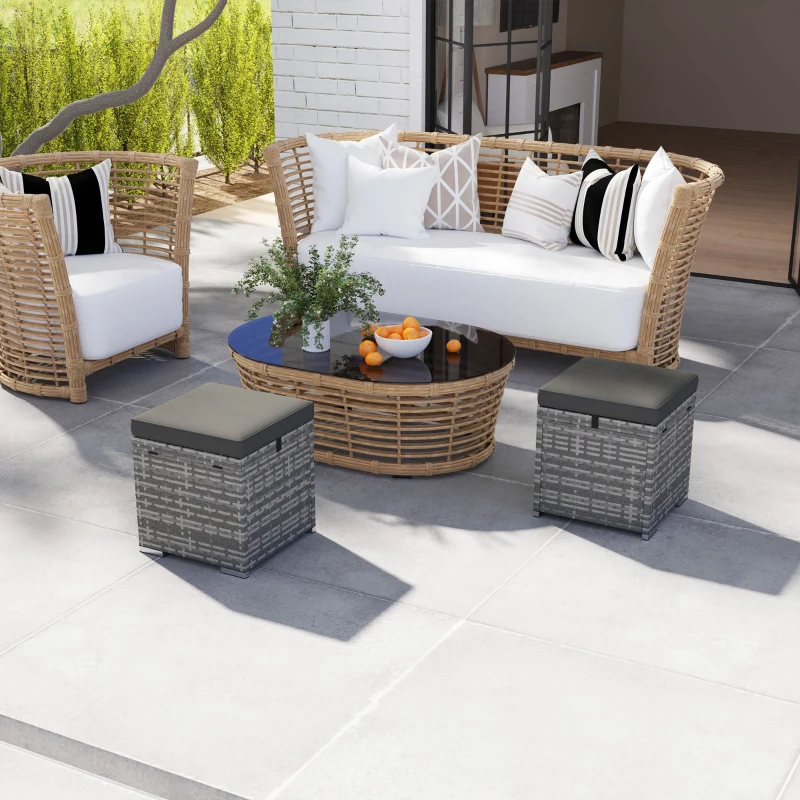 Outsunny 2-delige Set Rotan Krukken Zitkrukken met Rotanlook Opbergruimte Kussens Deksel 120 kg Belastbaar 40x40x41cm Donkergrijs