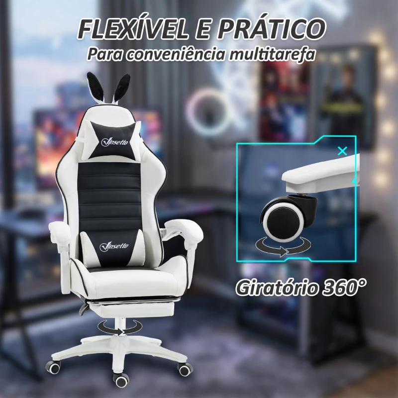 Vinsetto Cadeira Gaming Giratória de Couro PU com Altura Ajustável Inclinável 135° Apoio para a Cabeça 65x63x136-142 cm Branco e Preto