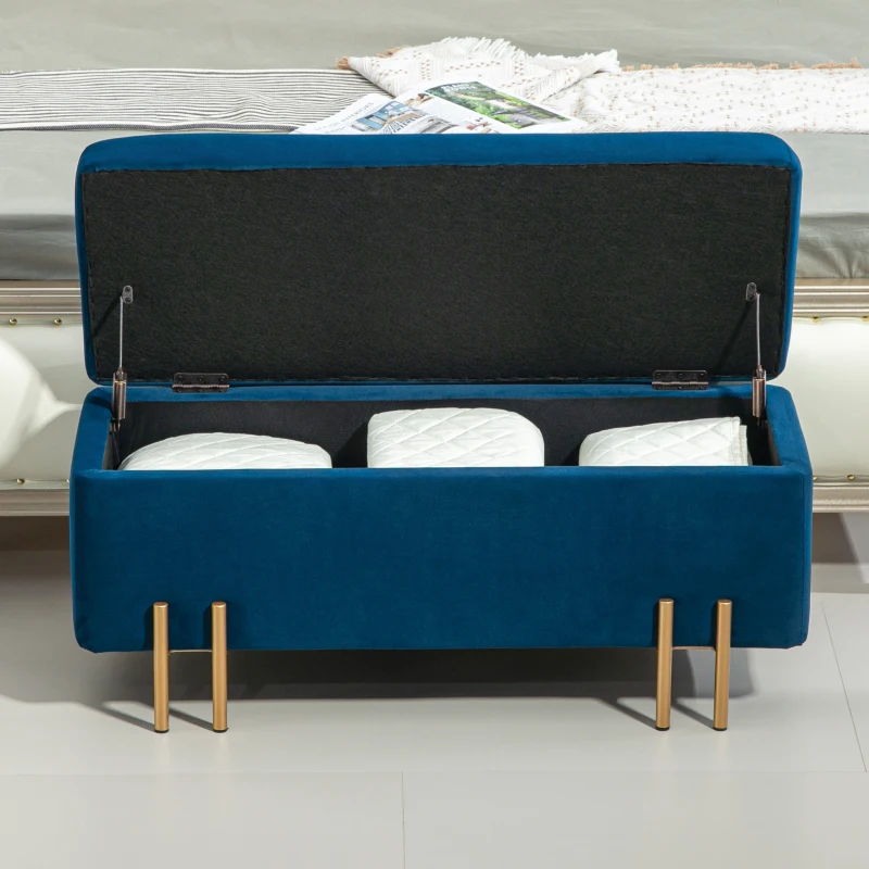 HOMCOM Gepolsterde bank met opbergruimte, metaal, rubberhout, schuim, 100 x 40 x 42 cm, donkerblauw