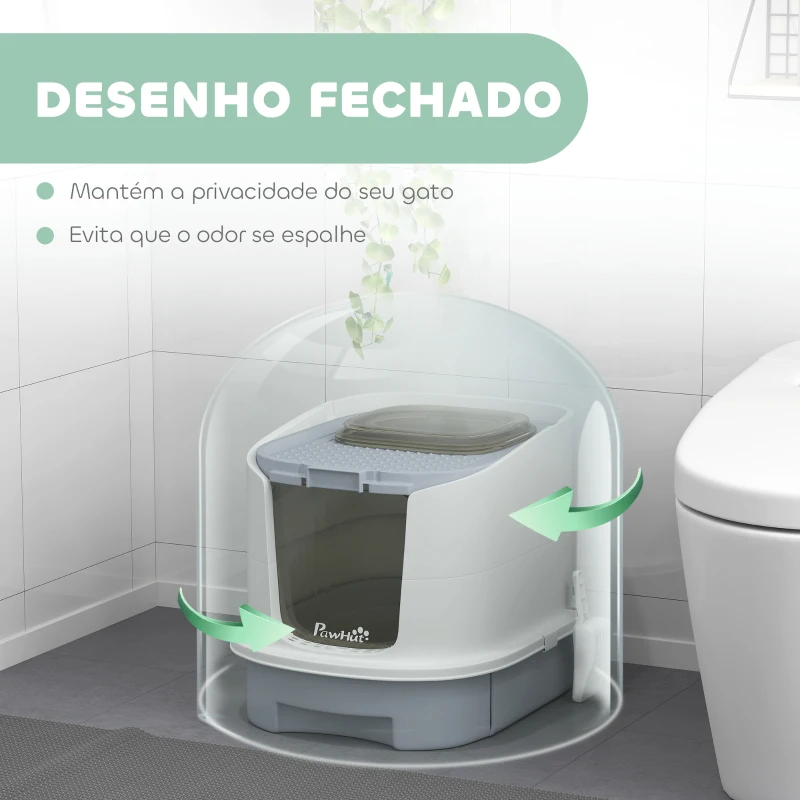 PawHut Caixa de Areia para Gatos Fechada com Entrada Frontal Saída Superior Tampa Amovível Bandeja e Pá 40,5x52,5x42,5 cm Branco e Cinza