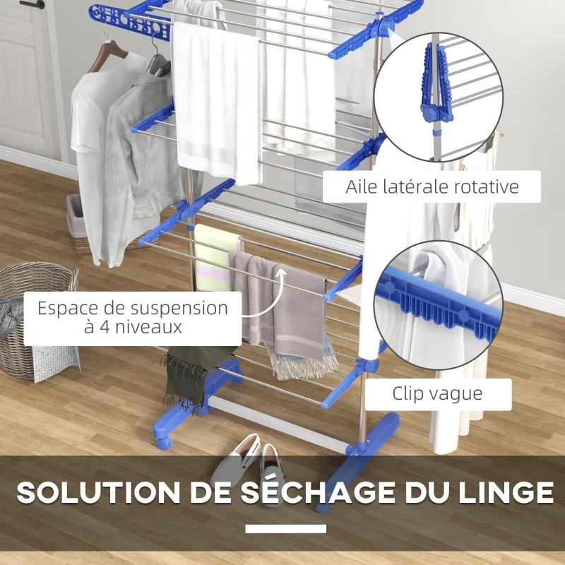 HOMCOM Séchoir à Linge étendoir pliable ailes latérales utilisation intérieure et extérieure 142 x 55 x 172 cm 4 niveaux bleu