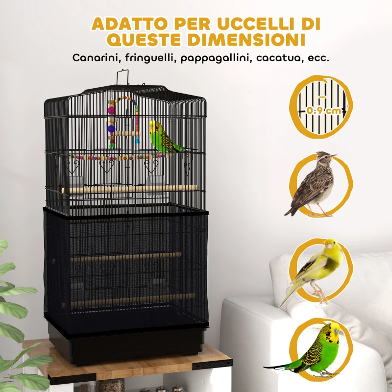 PawHut Gabbia per Uccelli con Maniglia, Vassoio Estraibile, Posatoi in Legno, Altalena e Ciotole, 46.5x35.5x92cm, Nero