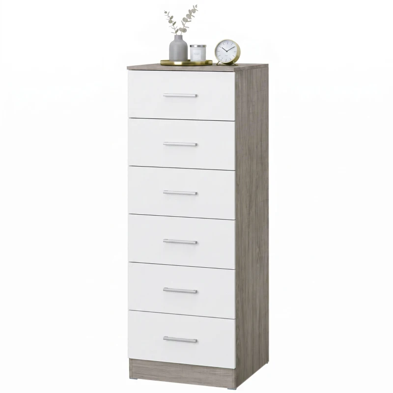 HOMCOM Cómoda de 6 Gavetas Alta para Quarto com Sistema Antitombo 40x40x110 cm Cinza-claro e Branco