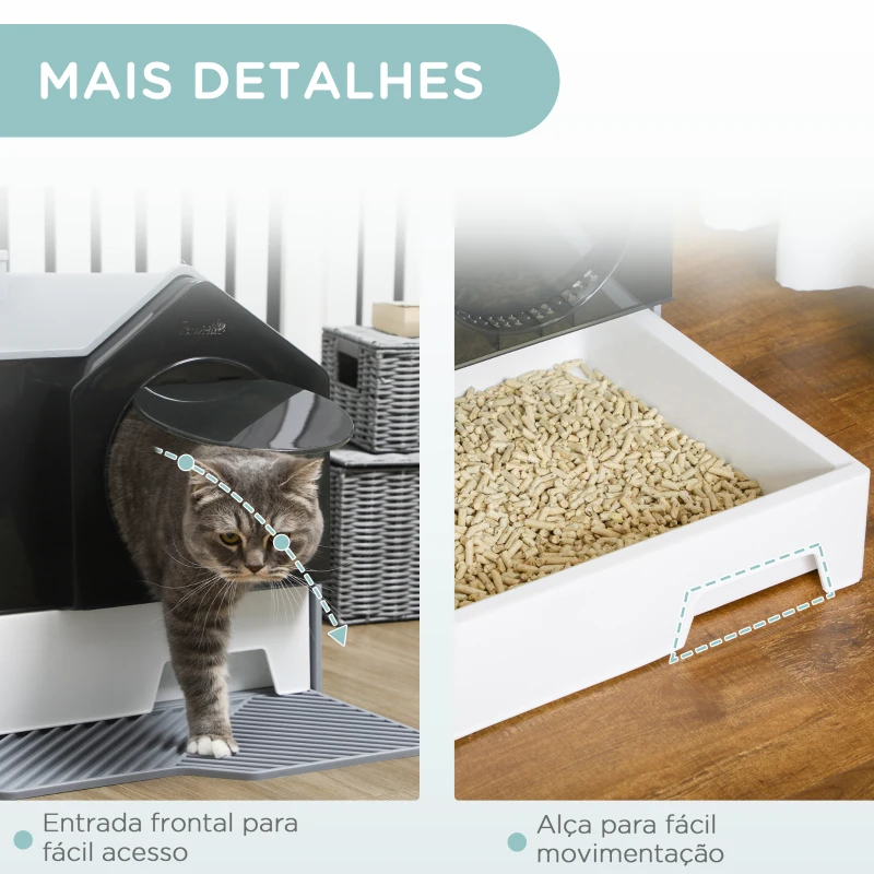 PawHut Caixa de Areia Fechada para Gatos com Bandeja Amovível Pá e Filtro Desodorizante 47x45x42 cm Cinza