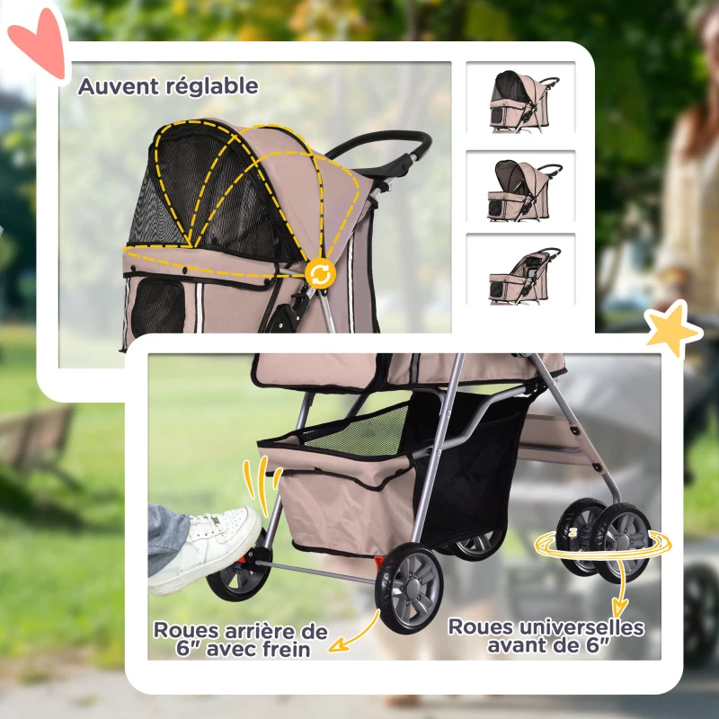 PawHut Poussette buggy pliable animaux chariot pliante chien chat porte-gobelet panier de rangement inclus roues avec frein tissu 600D Oxford acier 75 x 45 x 97 cm marron
