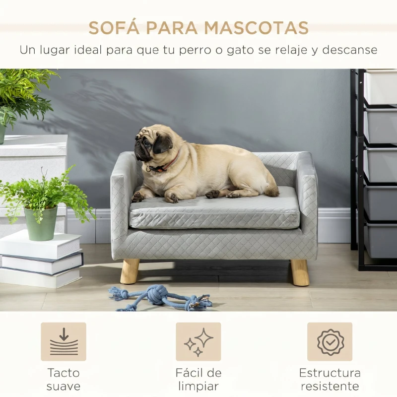 PawHut Sofá para Perros Pequeños 64x45x36 cm Tapizado en Terciopelo con Cojín Lavable y Patas de Madera de Abedul Gris Oscuro