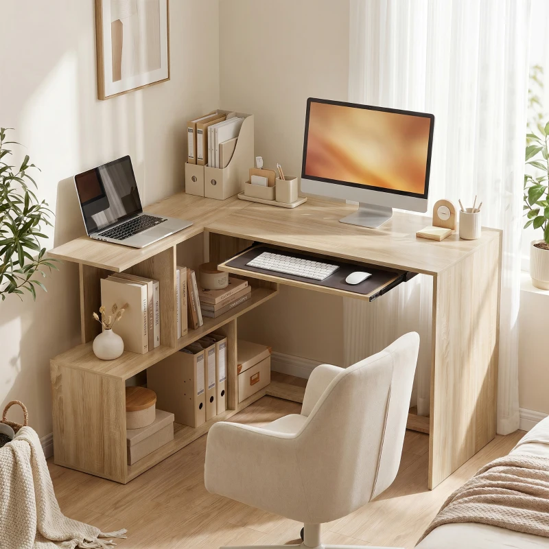 HOMCOM Bureau d'Angle, 120 x 100 x 76 cm, Bureau Informatique en L avec Plateau de Clavier, 4 Compartiments Ouverts, Naturel