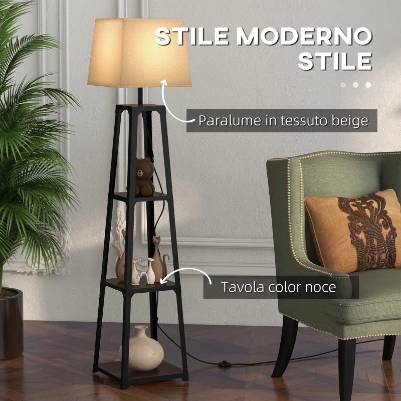 HOMCOM Lampada da Terra in Metallo e MDF a 3 Ripiani con Paralume in Tessuto, Ø42x166 cm, Nero e Beige