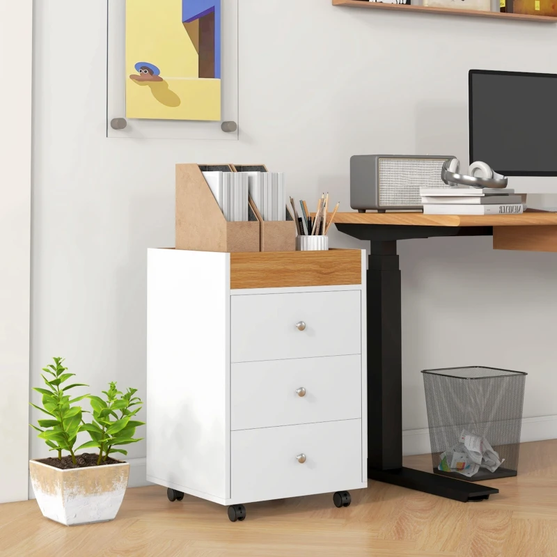 HOMCOM Bloco de Gavetas para Escritório com 4 Rodas 3 Gavetas e 1 Bandeja Amovível Carga 30 kg 43x40x66,5 cm Branco e Natural