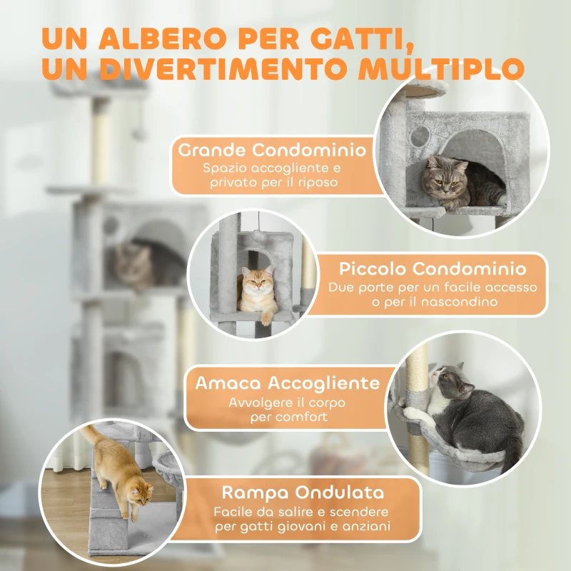 PawHut Albero Tiragraffi per Gatti con 2 Casette, Amaca, Lettino e Pali in Sisal, 48x48x160 cm, Grigio