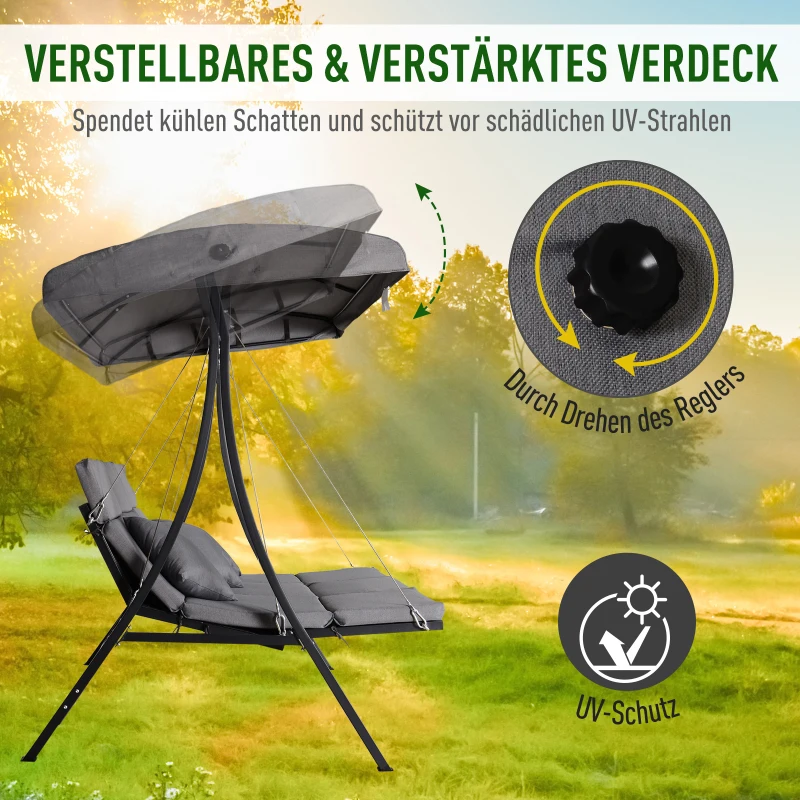 Outsunny Hollywoodschommel 3-zitter tuinschommel verstelbaar dak Textileen grijs