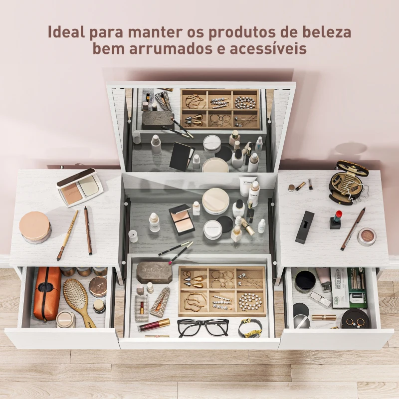 HOMCOM Tocador de Maquilhagem com Espelho Bancada de Vidro 3 Gavetas Mesa de Maquilhagem Moderna 105,5x30x130,5 cm Branco