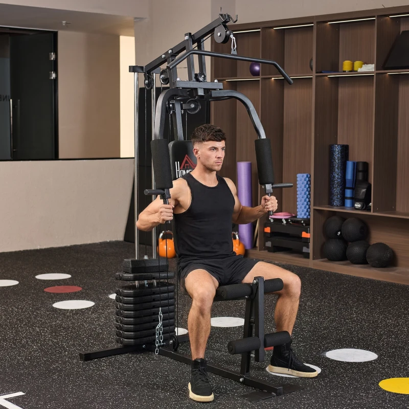 HOMCOM Máquina Multi-Estação Máquina de Musculação com Estribo para Pernas Placas de Pesos de 45kg Carga Máxima 110kg Treinamento Fitness em Casa Ginásio 135x103x200 cm Preto