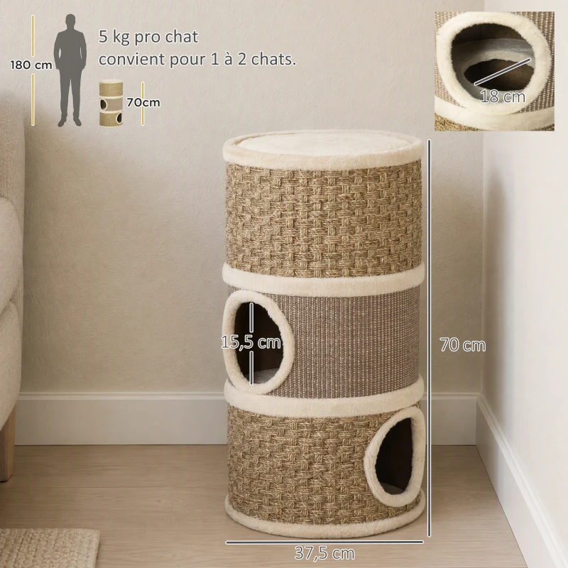 PawHut Tonneau à Gratter pour Chat, Arbre à Chat Sisal Naturel et Herbiers Marins Recouvert de Peluche, 37,5 x 37,5 x 70 cm, Kaki et Café