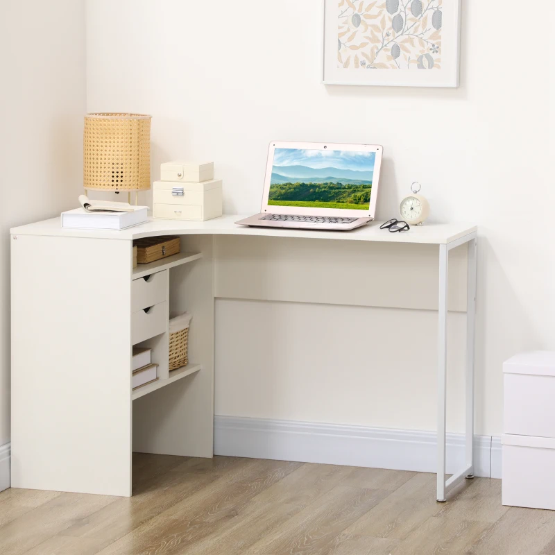 HOMCOM Bureau d'angle, bureau informatique avec 2 tiroirs et 3 compartiments ouverts, 120 x 60 x 74 cm, blanc
