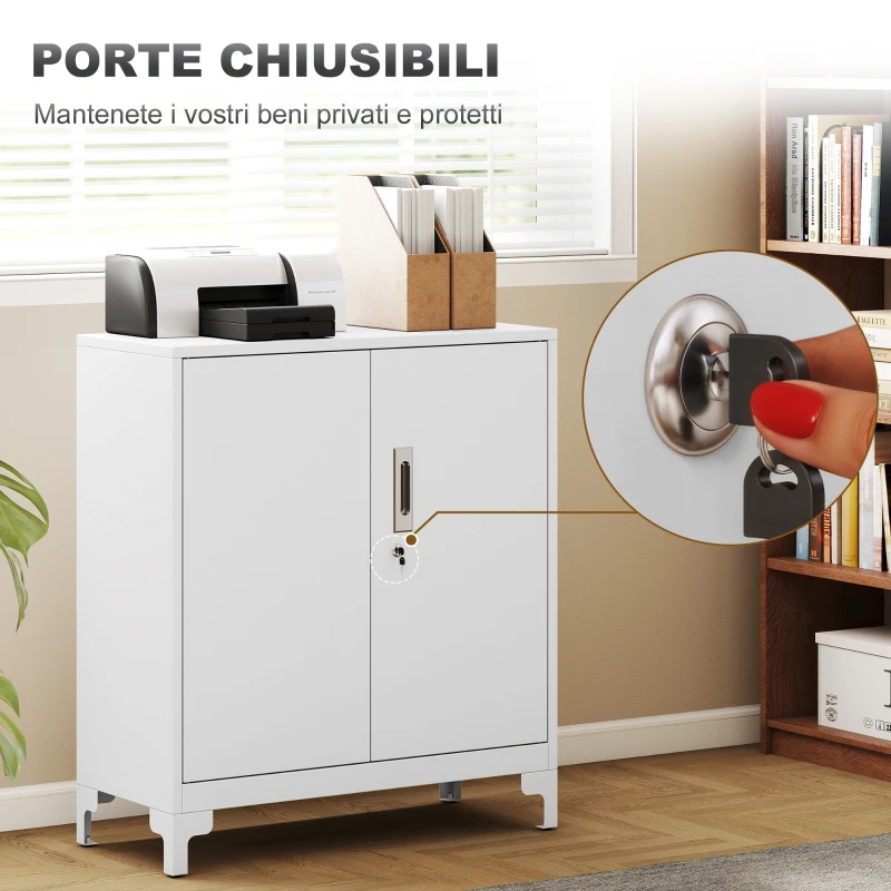 HOMCOM Mobile da Ufficio Portadocumenti con 3 Ripiani, 2 Ante e Chiavi, 80x35x91 cm, Bianco