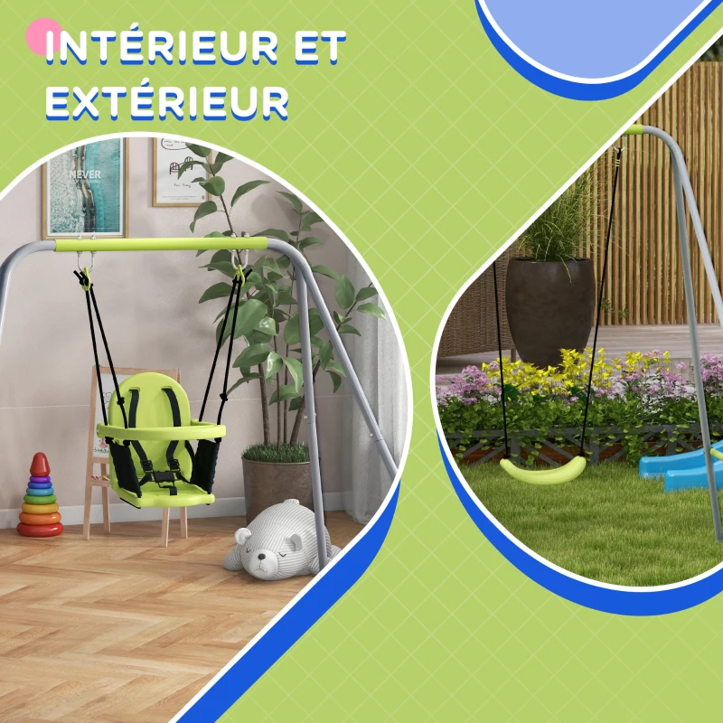 Outsunny Balançoire portique balançoire 2 en 1 pour bébé ceinture de sécurité à 5 points intérieure extérieure vert