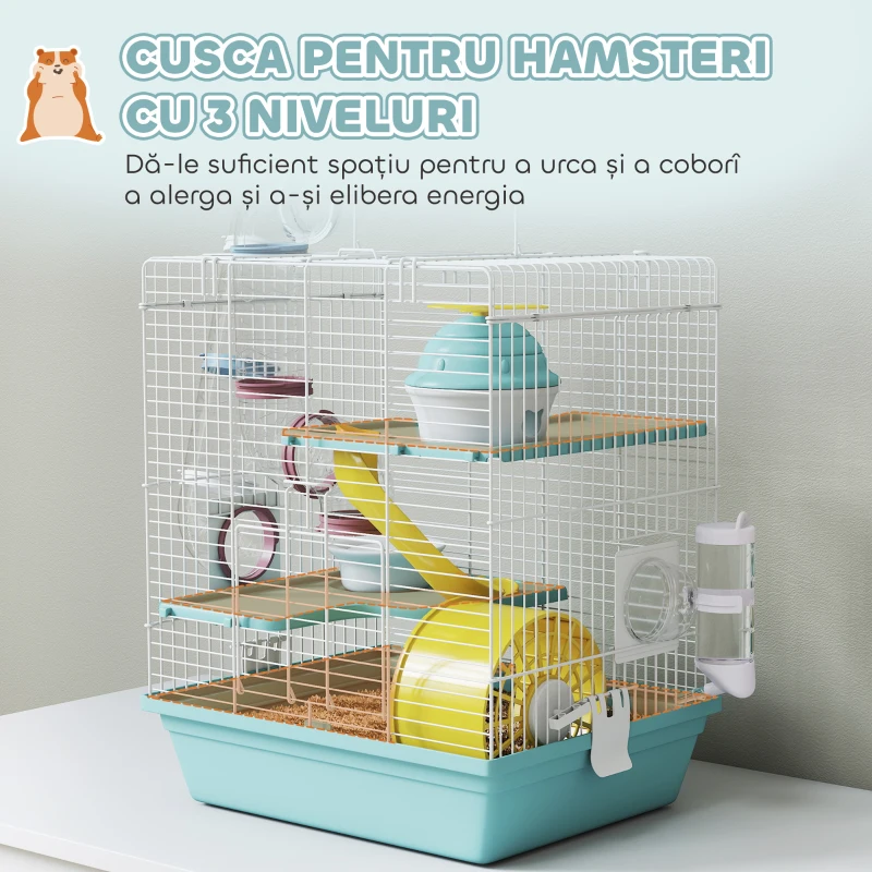 PawHut Cușcă pentru Hamsteri pe 3 Niveluri și 12 Tuburi cu Căsuță, Rampă, Boluri, Rezervor de Apă și Tavă Antipicurare, Cușcă pentru Hamsteri din Metal și Plastic, 34.5x27.5x41 cm, Albastru