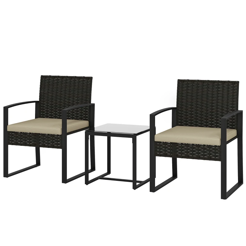 Outsunny Rattan Bistro Set, 3 Piece Garden Furniture Set with Glass Top Table and Cushions, Khaki