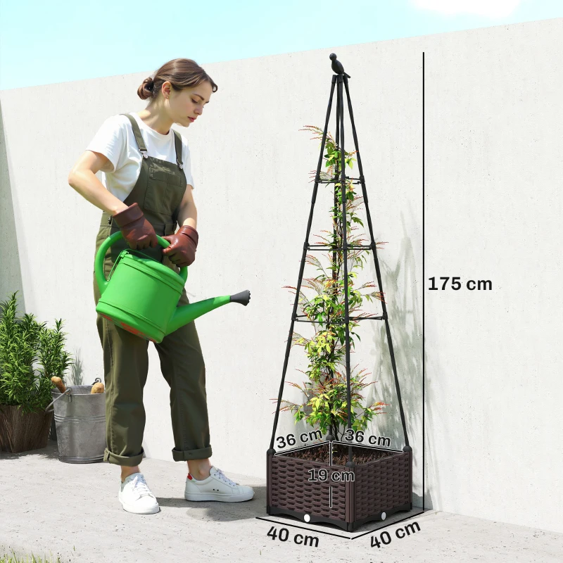 Outsunny Floreira com Treliça Metálica para Plantas Trepadeiras Vaso de PP com Orifícios de Drenagem e Tampões 40x40x175 cm Preto