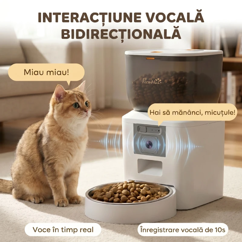 PawHut Distribuitor Automat de Hrană pentru Pisici și Câini 4L, WiFi 2,4G, Control din Aplicație cu Cameră, Bol, Alb
