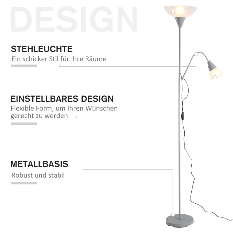 HOMCOM moderne staande lamp 2 koppen verstelbare leeslamp, vloerlamp, ontwerp met dubbele kop en stalen voet, zilver, wit, 28 x 28 x 179,5 cm