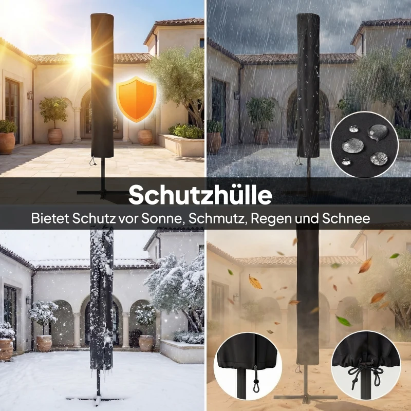 Outsunny Sonnenschirm LED Solar ca. 300 x 200 cm knickbar Balkonschirm mit Kurbel Schutzhülle, UV Schutz, Drehbar Cremeweiß
