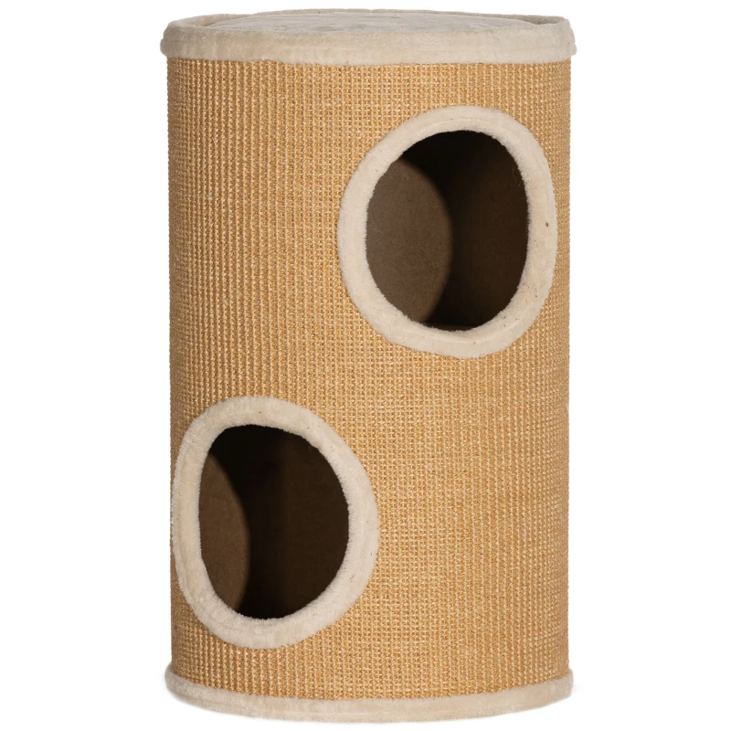 PawHut Barril Arranhador para Gatos de 2 Andares Arranhador para Gatos com 2 Cavernas e Cobertura de Sisal Ø35x60 cm Marrom