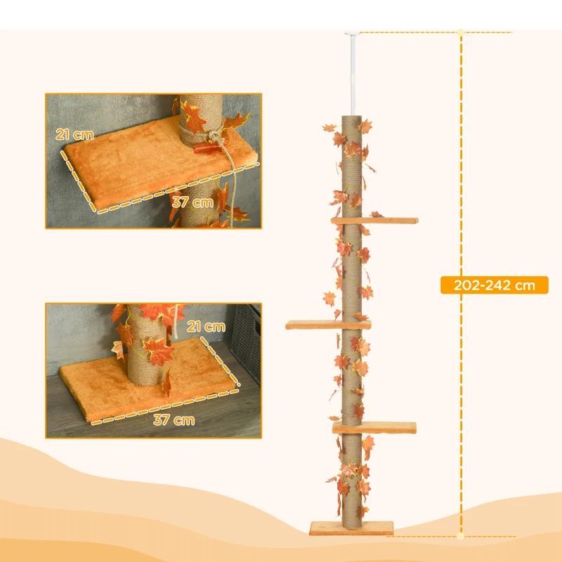 PawHut Árvore para Gatos do Chão ao Teto 37x21x202-242 cm Torre Arranhador para Gatos com Altura Ajustável 3 Plataformas Laranja