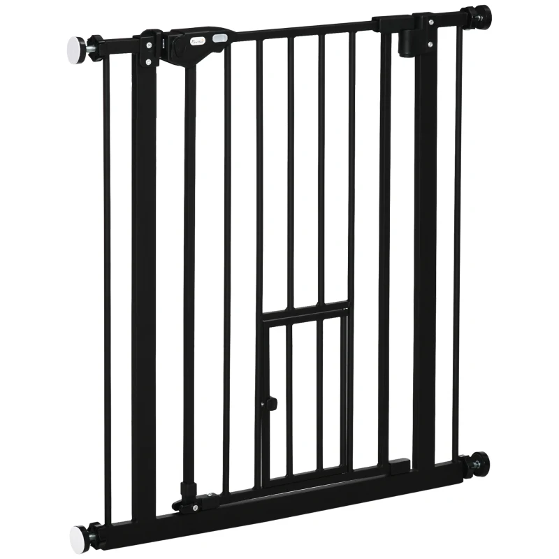 PawHut Barrera de Seguridad Extensible con Puerta Pequeño Cierre Automático y Sistema de Doble Bloqueo 74-80x76,2 cm Negro