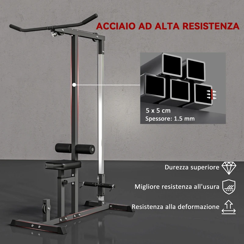 HOMCOM Stazione Fitness Pull Down da Casa con Panca e Cavo Regolabile, in Acciaio 107x120x190cm Nero