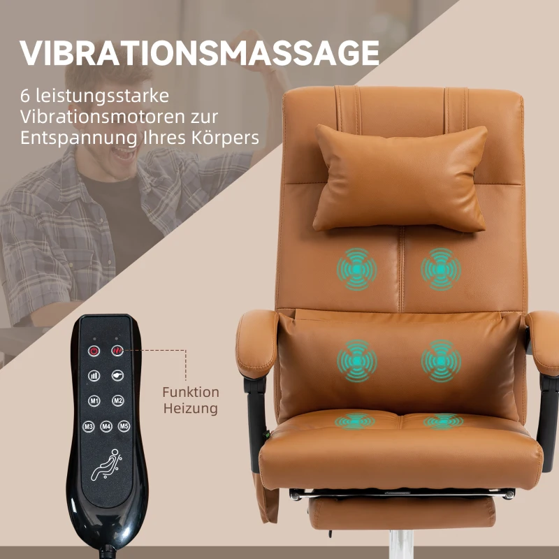 Vinsetto Fauteuil de bureau massant chauffant avec repose-pieds têtière sur roulettes revêtement synthétique marron(m-4)