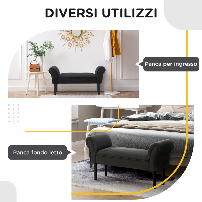 HOMCOM Panca Fondo Letto Imbottita con Braccioli Arrotolati, 102x35x51cm, Nero